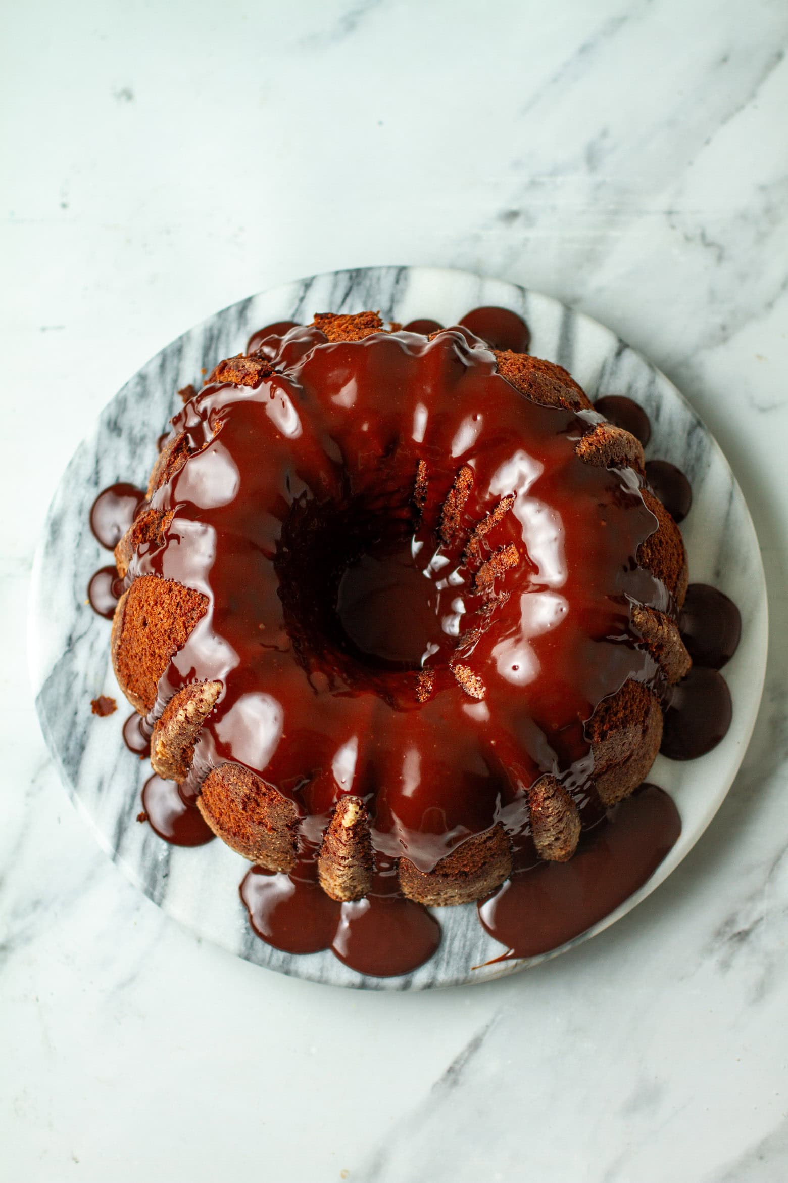 Overhead shot of glazed chocolate whiskey cake.