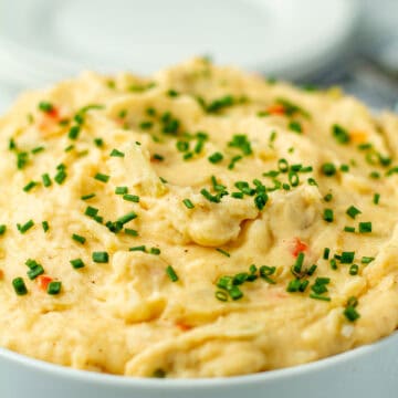 Dirty mashed potatoes in a large bowl.
