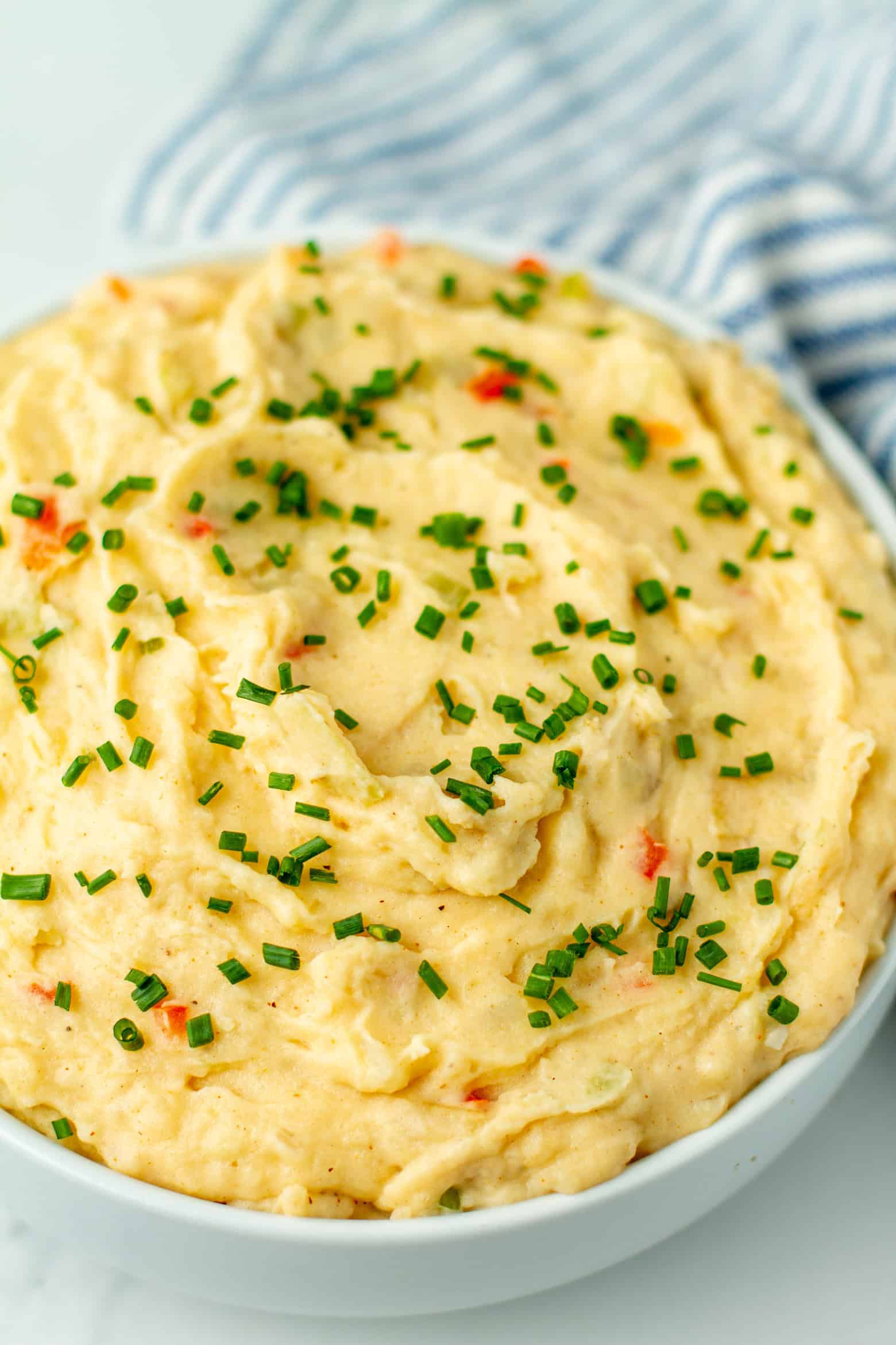 Dirty mashed potatoes in a large bowl.