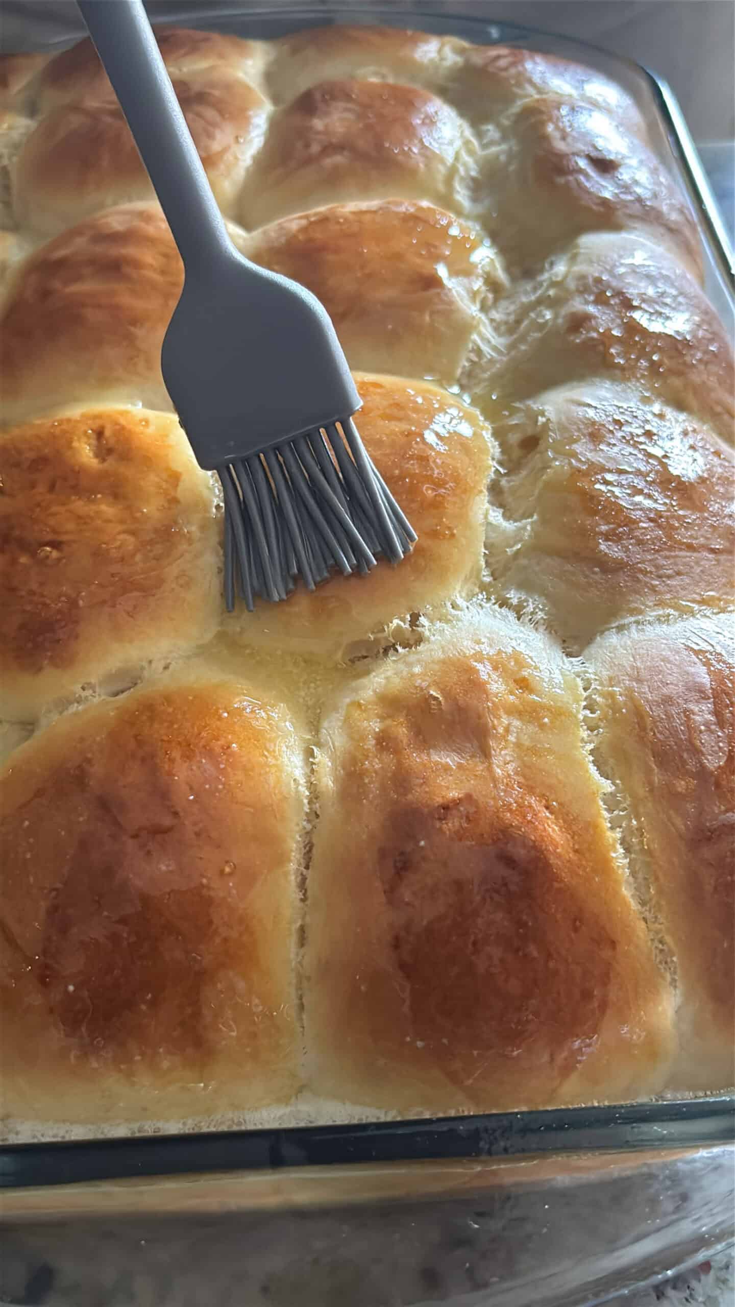 Baked honey rolls brushed with honey butter.