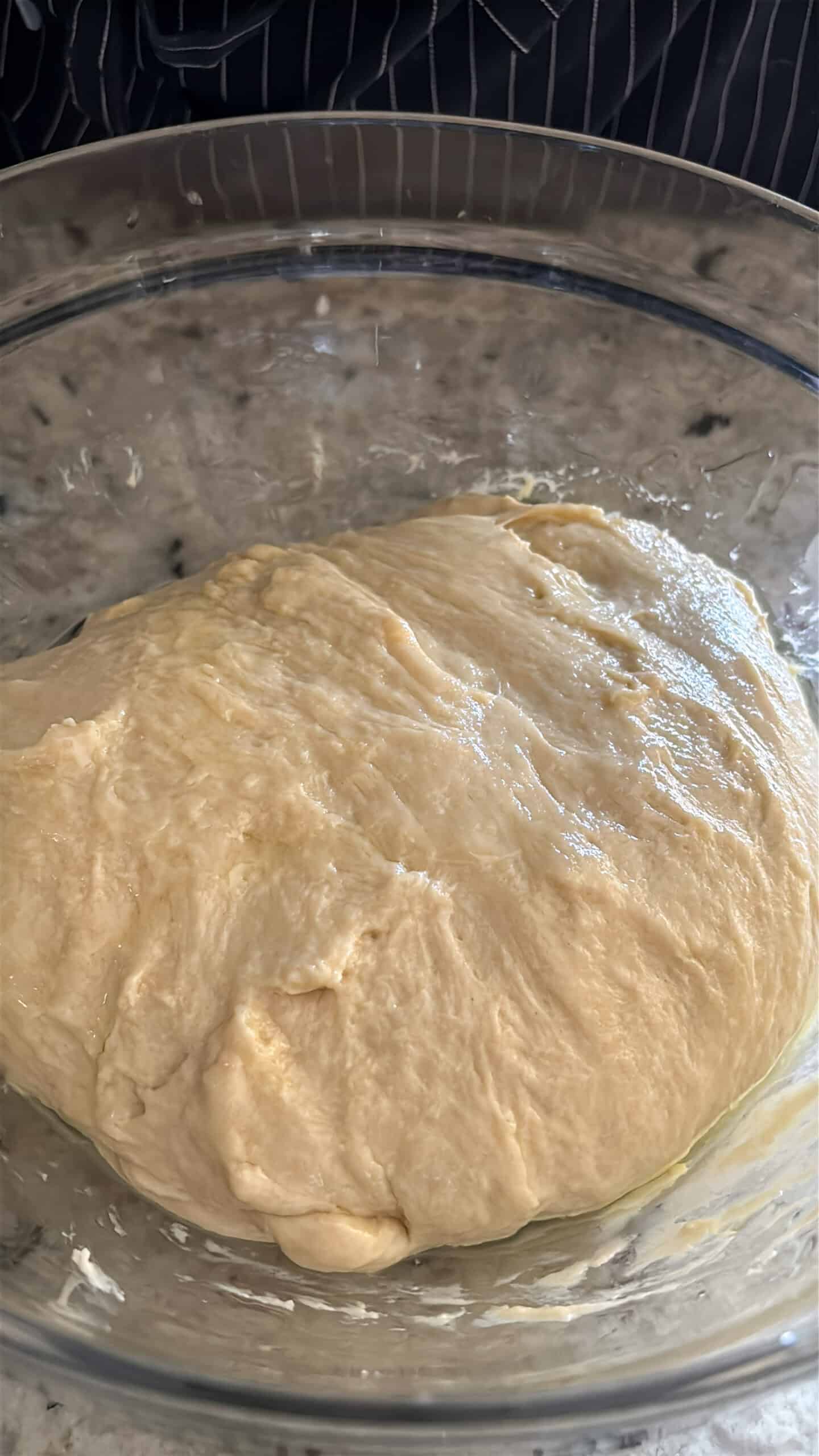 Dough ball in mixing bowl.