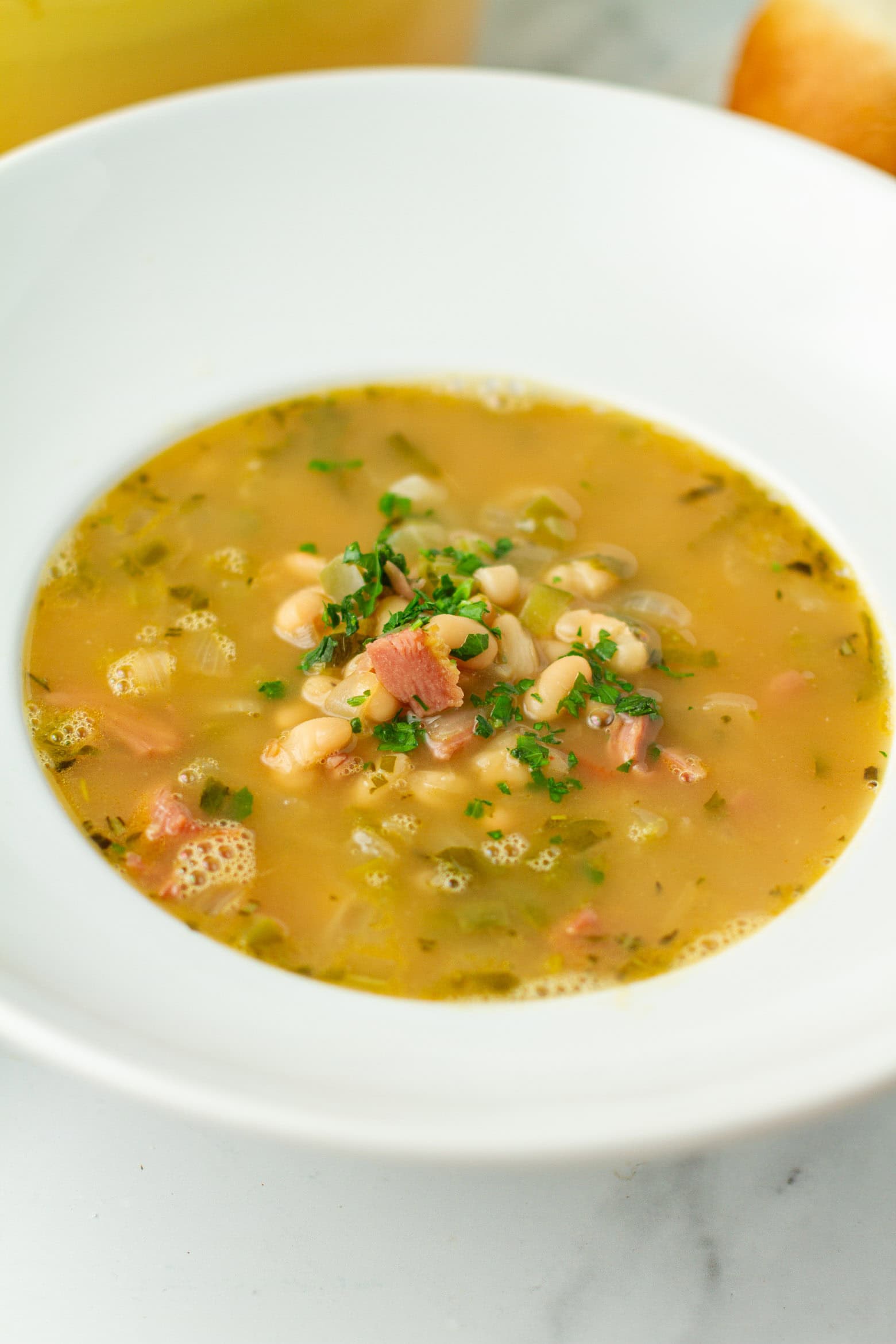 Navy bean soup in a bowl.