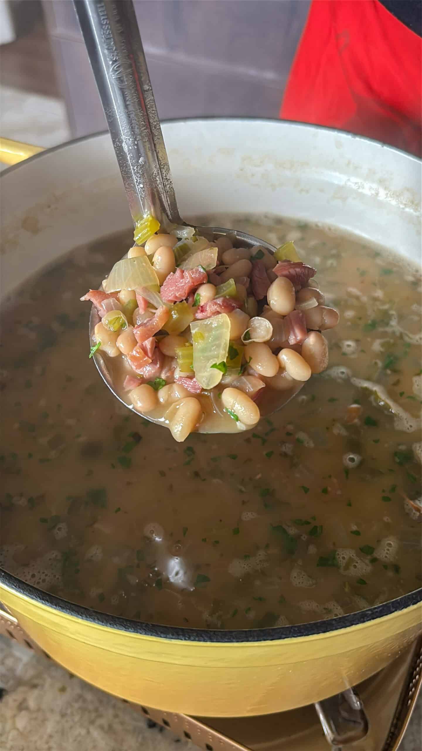 Ladle full of navy bean soup.