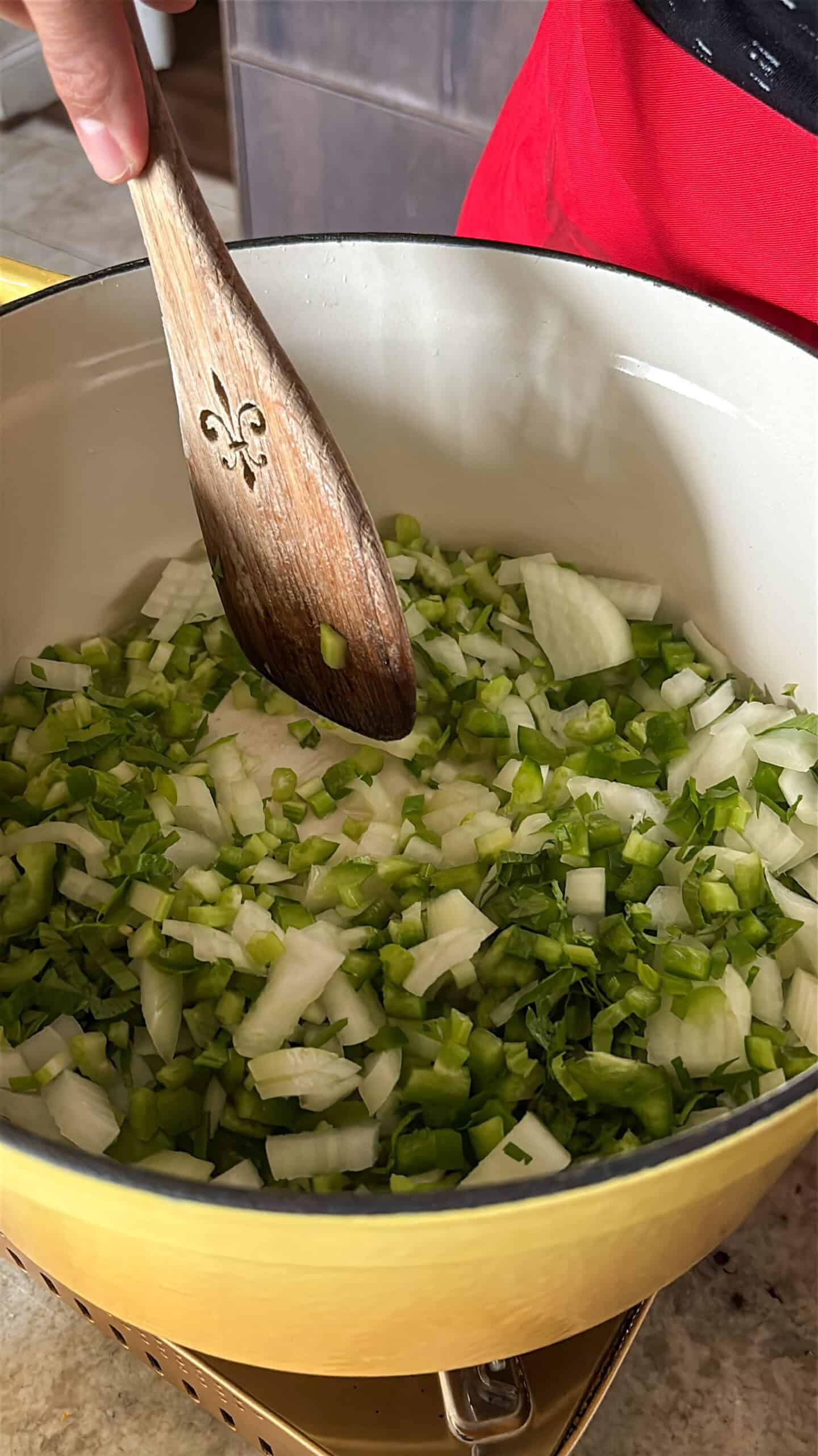 Vegetables cooking in a pot.