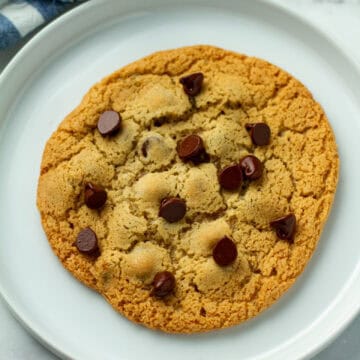 A chocolate chip cookie on a plate.