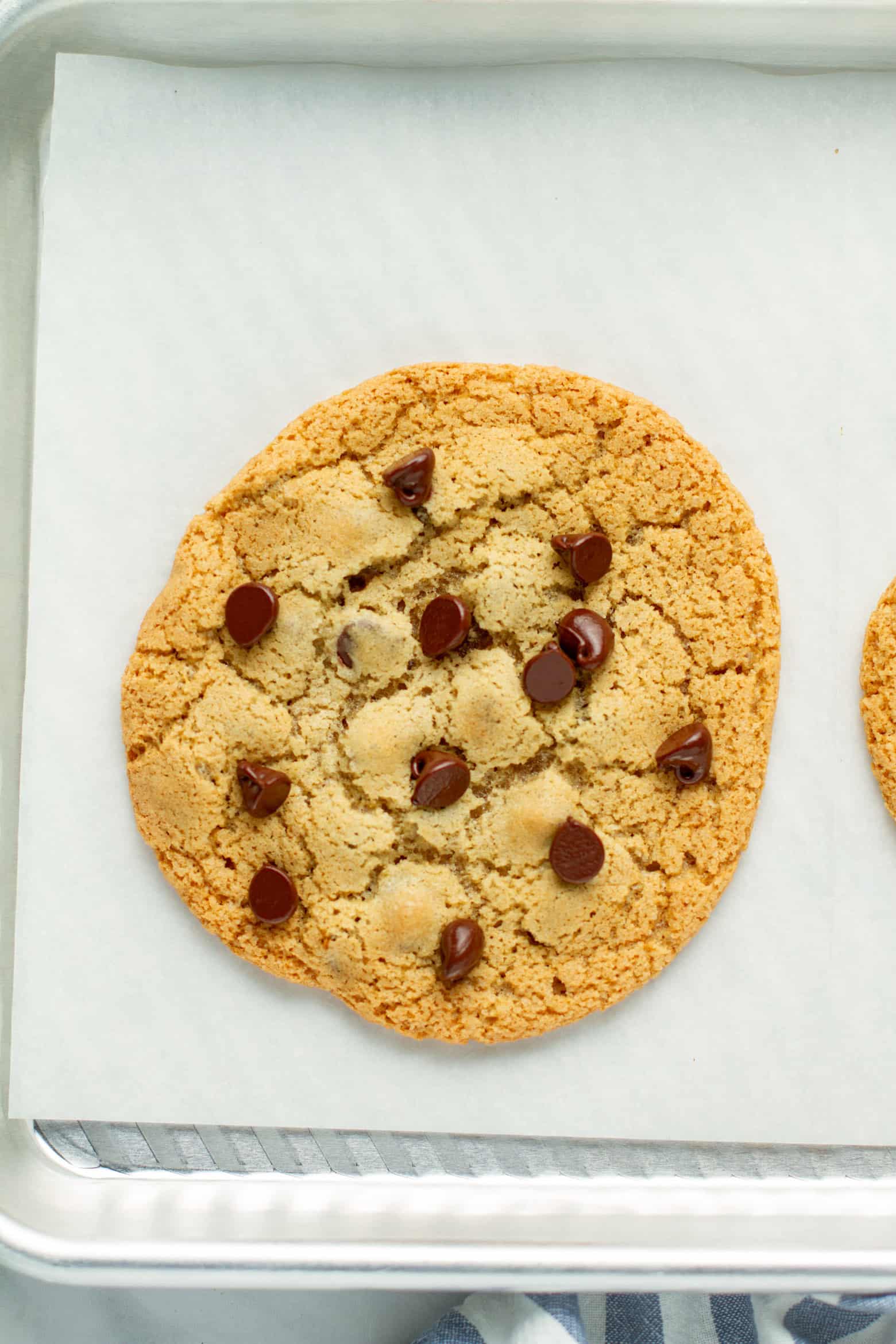 Chocolate chip cookie on a baking sheet.
