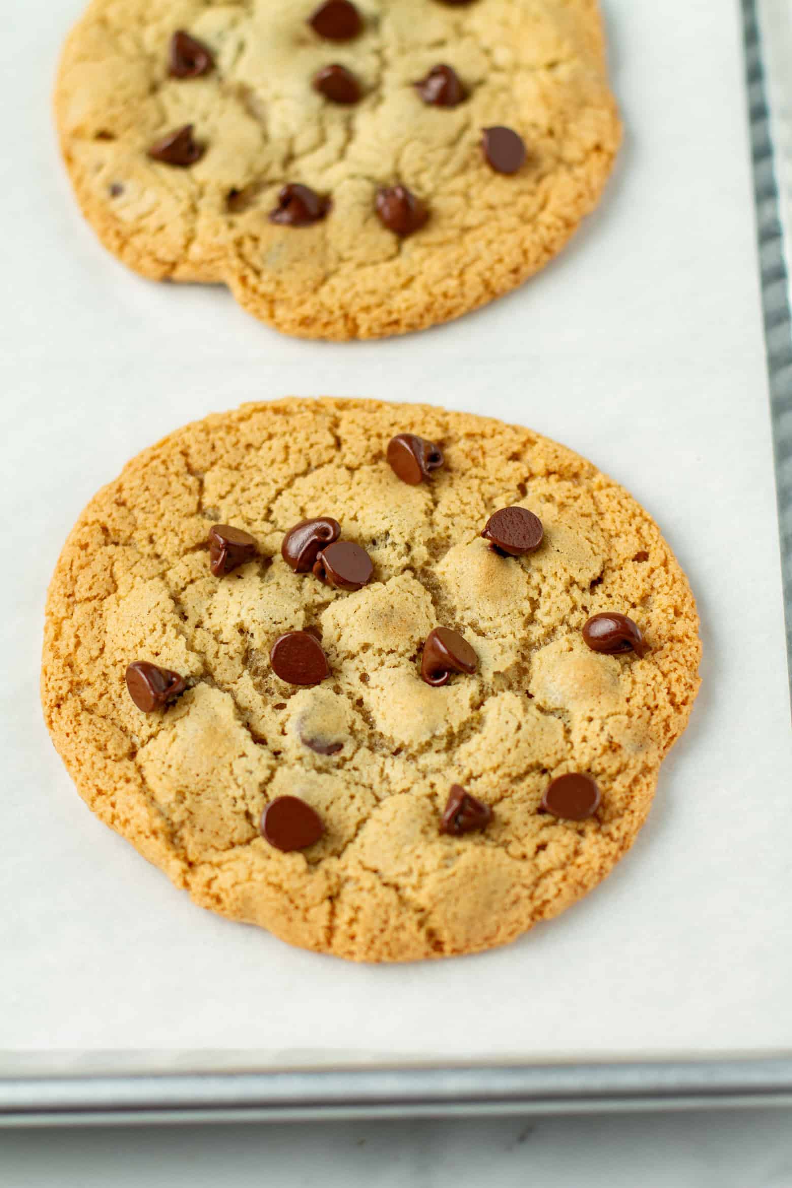Chocolate chip cookie on a baking sheet.