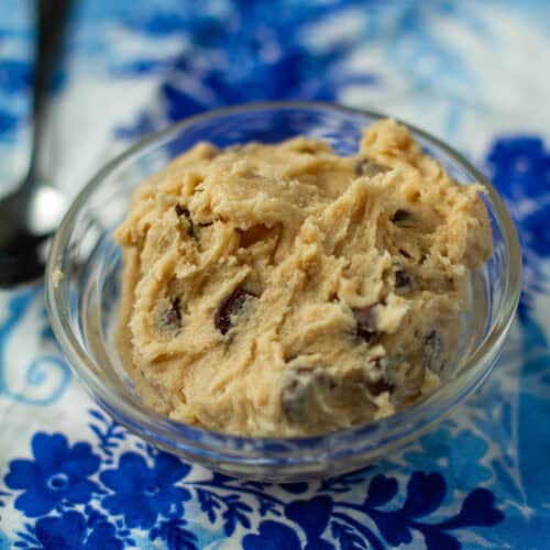 Single serving of cookie dough in a bowl.