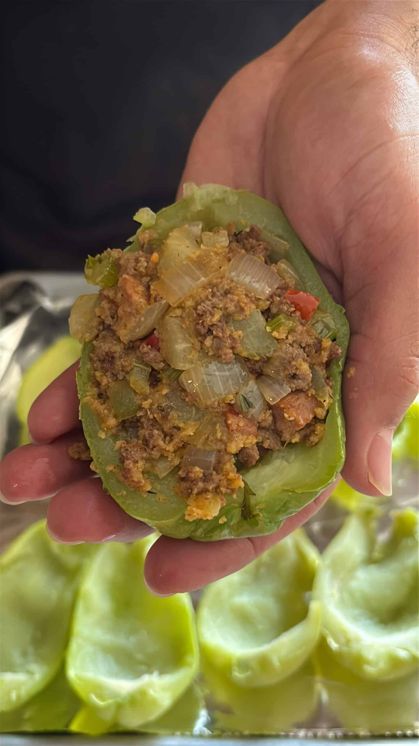 Stuffed mirliton being held in hand.