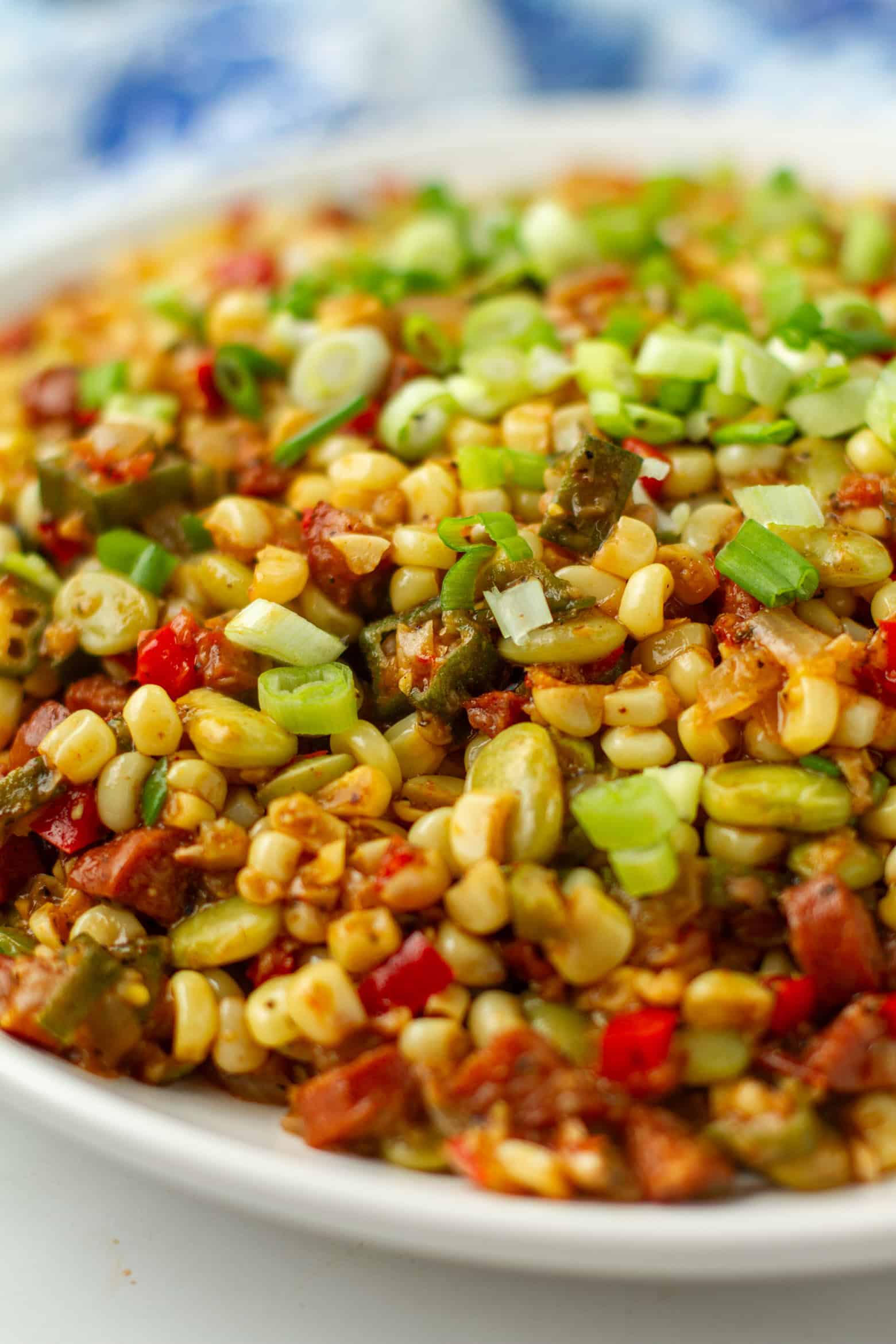 Close up of succotash on a platter.