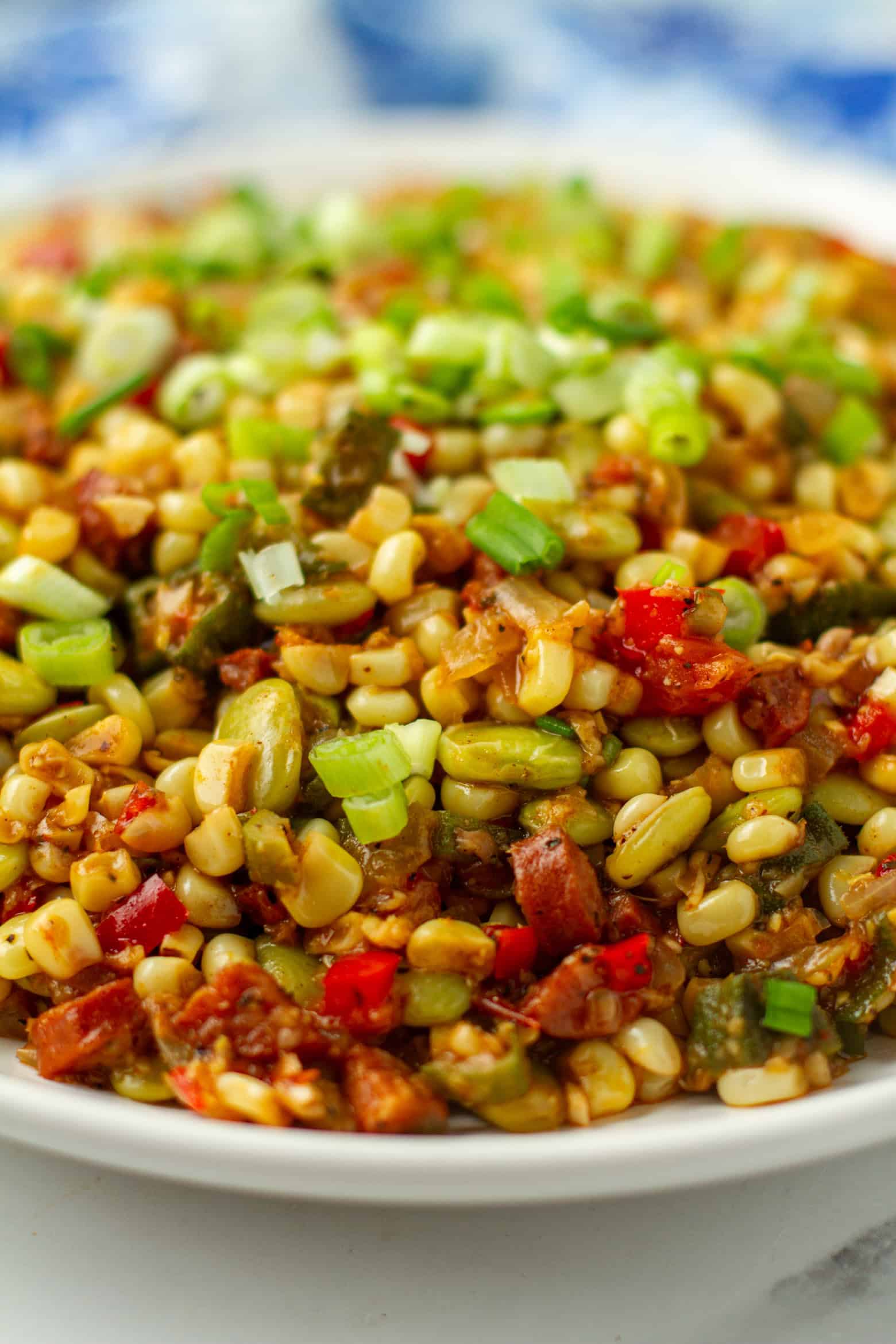Close up of succotash on a platter.