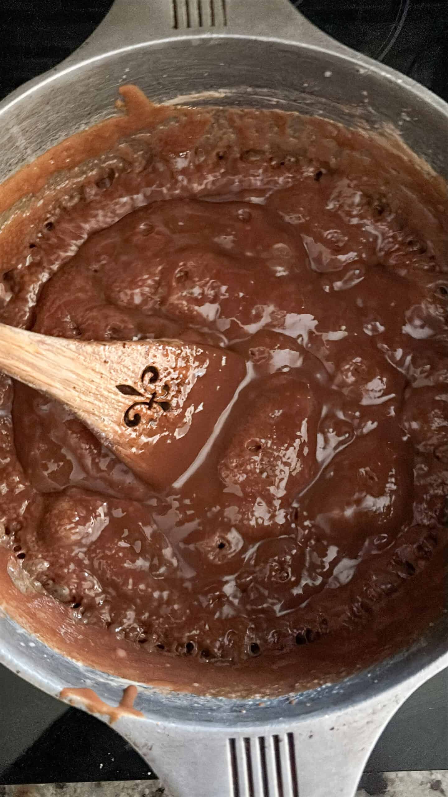 Cooked down chocolate pralines base.