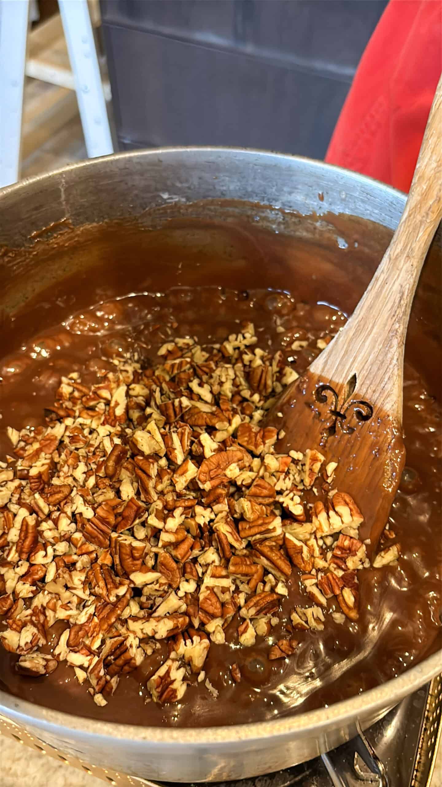 Pecans added to hot chocolate praline base.