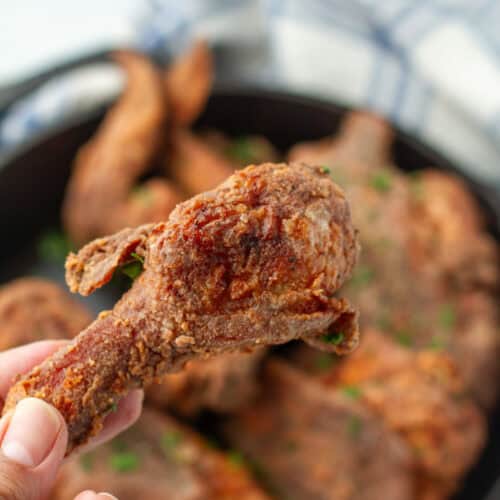 Fried chicken leg being held.