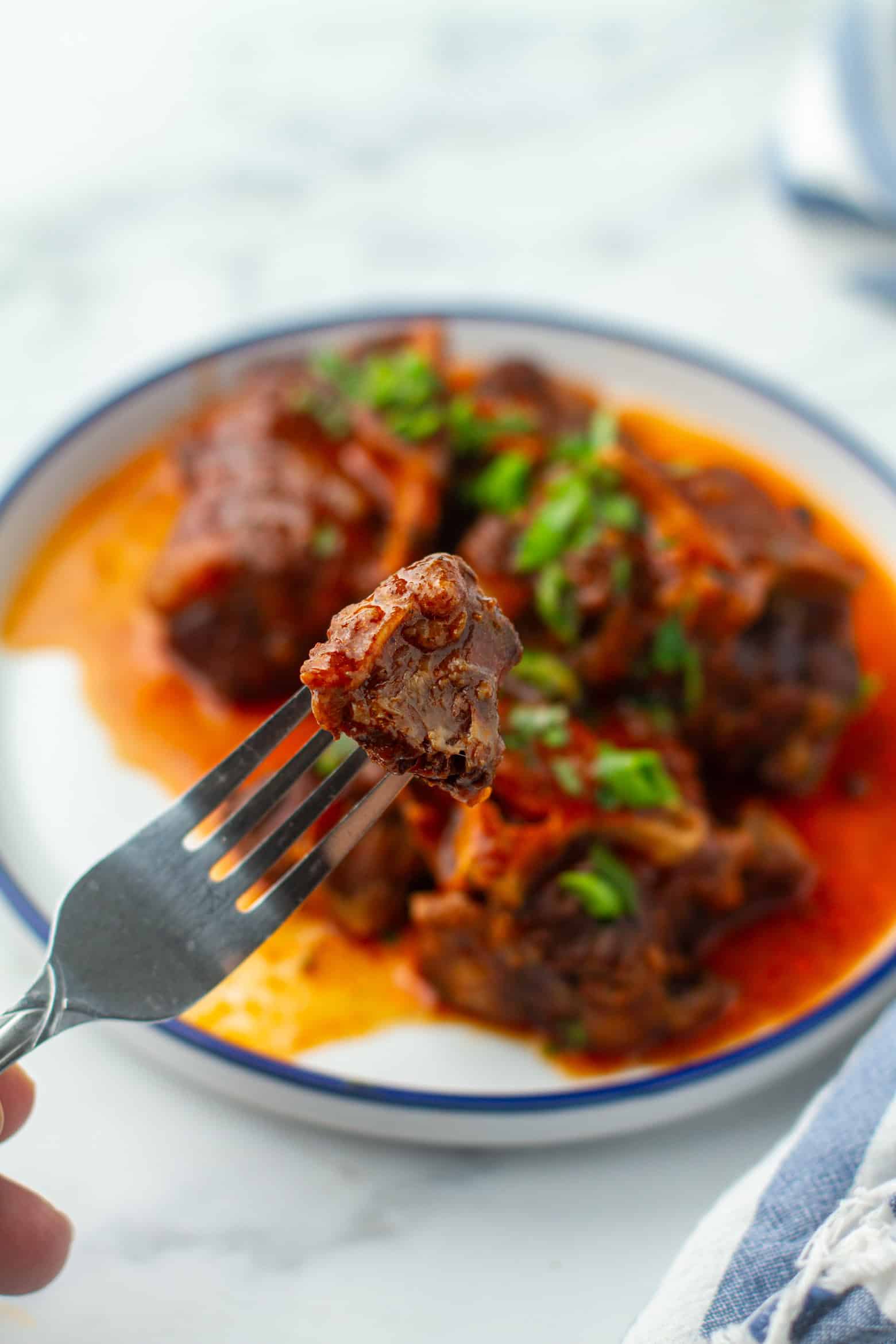 Tender piece of oxtail on a fork.