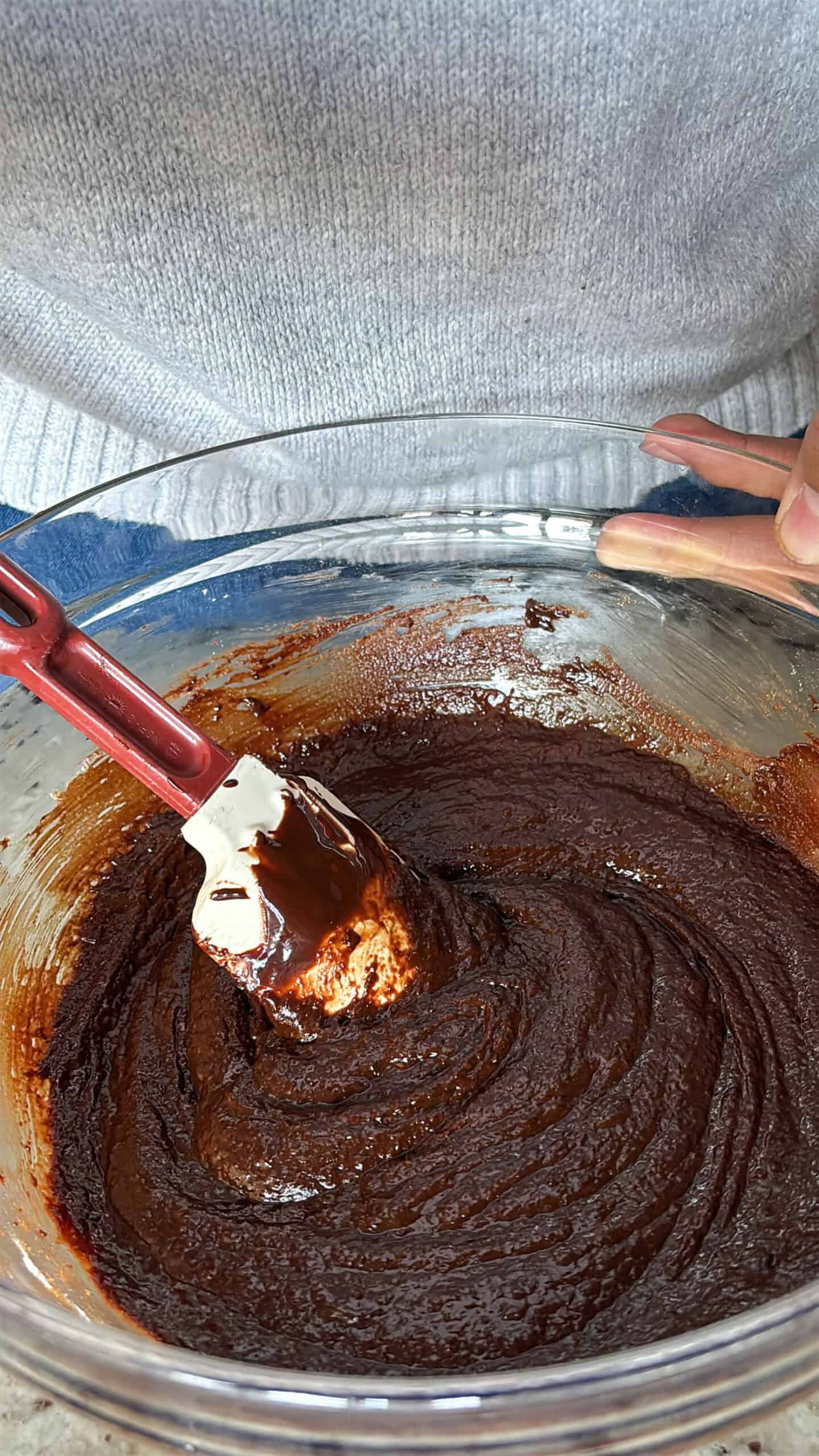 Dry ingredients added to wet ingredients.